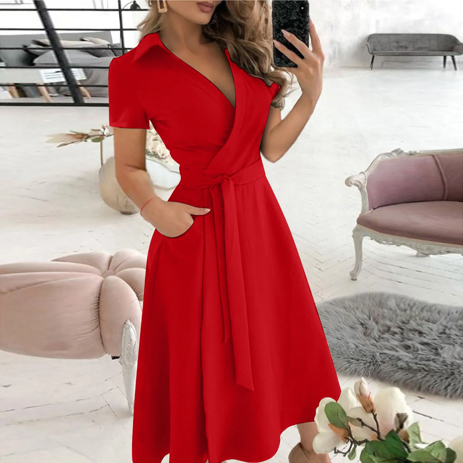 Women'S Red Formal Wear - Primavera verão moda escritório vestido ruched