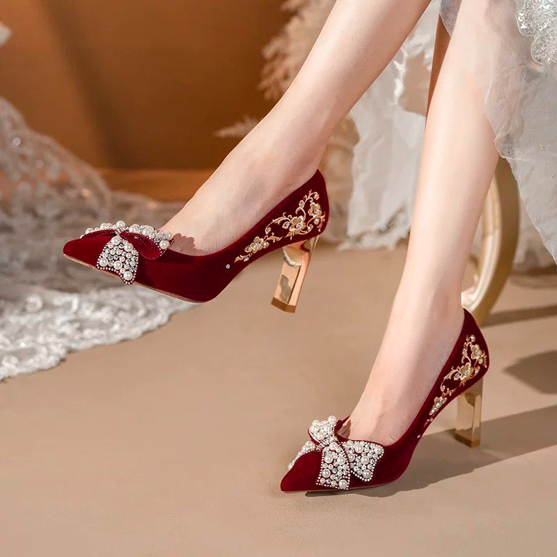 Pump Heel Block - Sapatos femininos de salto bloco bordado,
